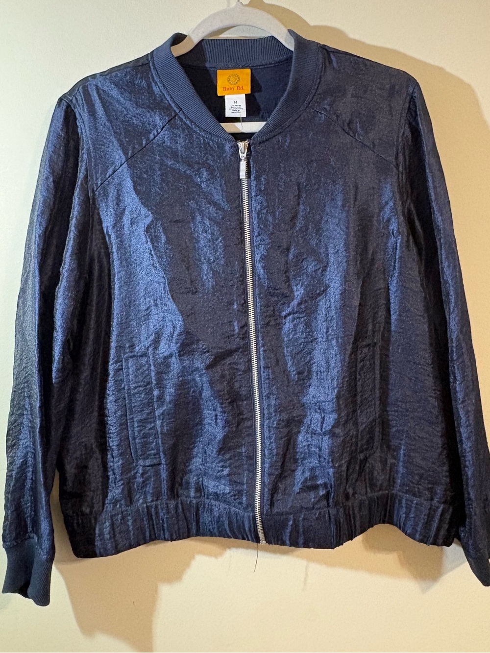 Ruby Rd Bomber Jacket Women’s SZ 14 Dark Navy Blue Jacket Front Zip rib collar